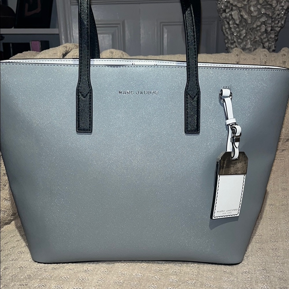 Marc Jacobs Gray  and White Structured Tote with Black Handles